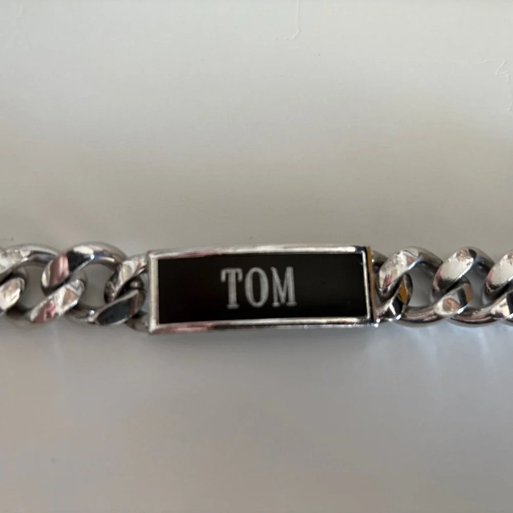 Vintage Speidel ID Bracelet Black‎ Silver Tone Thick Chain Engraved TOM 8.5